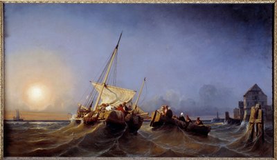 De terugkeer van vissers bij zonsondergang door Eugene Modeste Edmond Lepoittevin