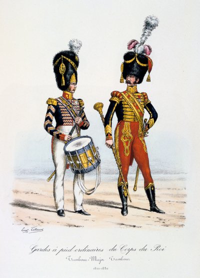 Gardes à pied ordinaires du Corps de Roi, tamboer-majoor en drummer, 1822-30 door Eugene Titeux