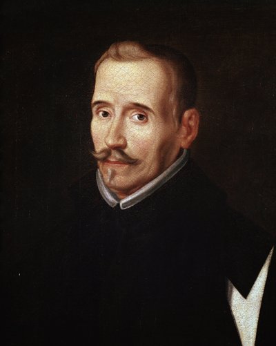 Portret van Felix Lope de Vega y Carpio (1562-1635), Spaanse toneelschrijver en dichter. Anoniem schilderij van de school van Eugenio Caxes, 17e eeuw. Olieverf op doek. (detail) door Eugenio (attr. to) Caxes