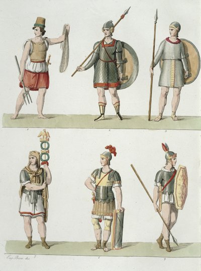 Romeinse Soldaten, detail van plaat 2, Klasse 5 van Deel I van De Geschiedenis van de Naties, gegraveerd door Buttazon door Eugenio Bosa