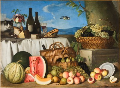 Stilleven met kat en vogeltje door Eugenio De Giacomi