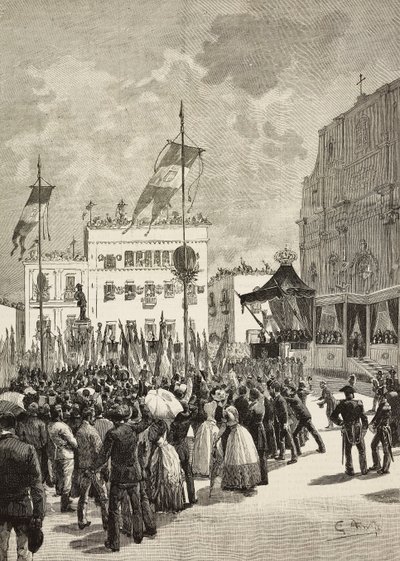 Onthulling van het monument voor Victor Emmanuel II, eerste koning van Italië, in aanwezigheid van Umberto I, koning van Italië, standbeeld door Eugenio Maccagnani, Lecce, Italië door Eugenio Maccagnani