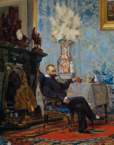 Peter Fabricci zittend in de woonkamer, detail (Fabricci familie, ca. 1880) door Eugenio Scomparini