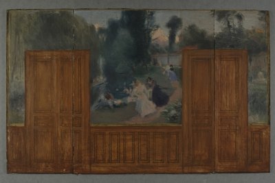 Schets voor het stadhuis van Créteil: Landschap - Oevers van de Marne gezien vanaf de brug van Ile Sainte-Catherine door Eugène Martial Simas