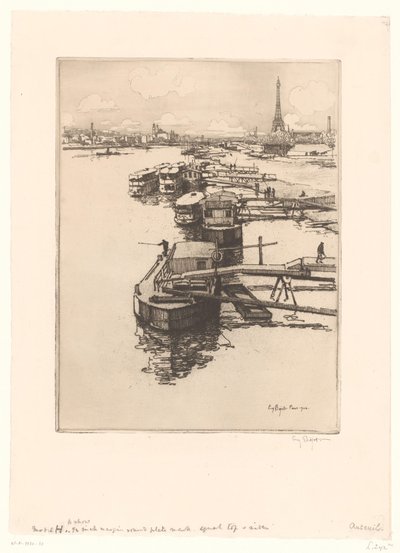 Kade met omnibusboten in Parijs met de Eiffeltoren op de achtergrond door Eugène Bejot (signed by artist)