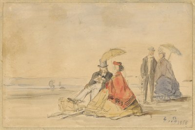 Een zittend paar en een wandelend paar op het strand door Eugène Boudin