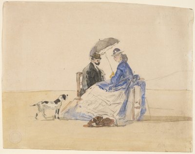 Een Koppel Zittend op het Strand met Twee Honden door Eugène Boudin