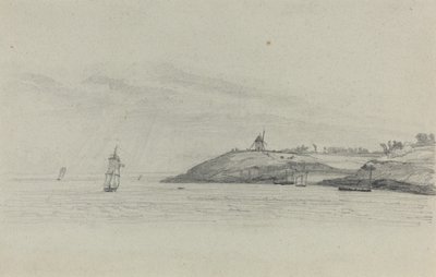Kustlandschap met schepen; windmolen in de verte door Eugène Boudin