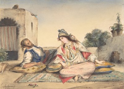 Een Marokkaans koppel op hun terras, 1832 door Eugène Delacroix