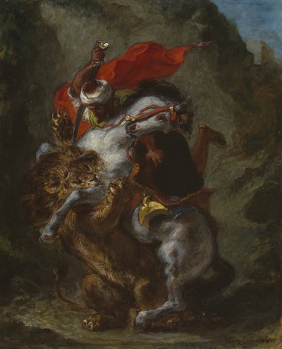 Arabische ruiter aangevallen door een leeuw door Eugène Delacroix