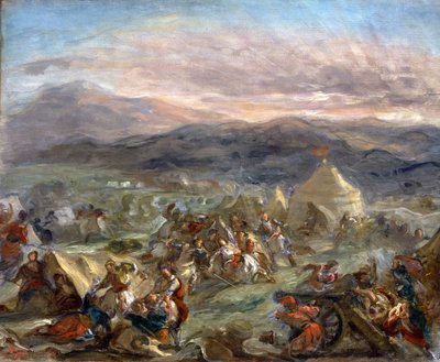 Botzaris verrast het Turkse kamp en raakt dodelijk gewond door Eugène Delacroix