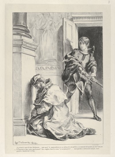 Hamlet probeert de koning te doden door Eugène Delacroix