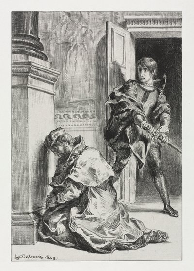 Hamlet: Hamlet probeert de koning te doden door Eugène Delacroix