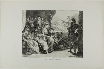 Hamlet laat de spelers de vergiftiging van zijn vader naspelen, plaat 7 uit Hamlet door Eugène Delacroix