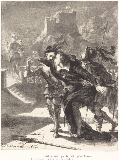 Hamlet wil de geest van zijn vader volgen (Acte I, Scène IV) door Eugène Delacroix