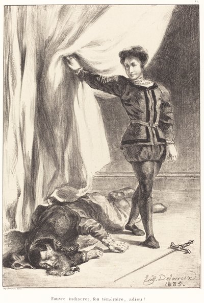 Hamlet en het Lichaam van Polonius (Act III, Scene IV) door Eugène Delacroix