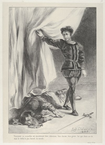 Hamlet en het lijk van Polonius door Eugène Delacroix