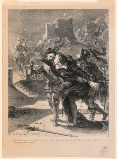 Illustratie voor Hamlet: Hamlet probeert de geest van zijn vader te volgen (I,4) door Eugène Delacroix