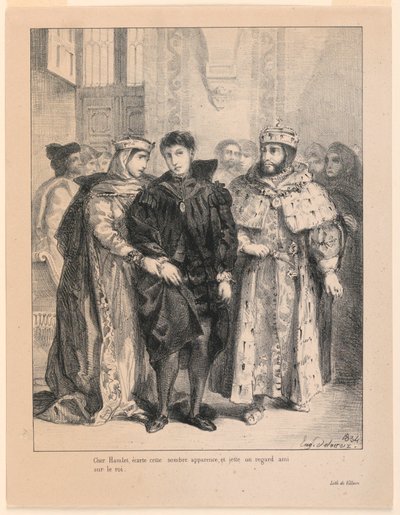 Illustratie bij Hamlet. De koningin probeert Hamlet op te vrolijken (I,2) door Eugène Delacroix