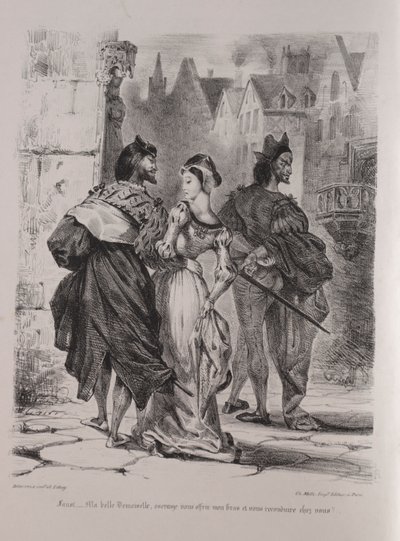 Illustraties voor Faust: Faust probeert Marguerite te verleiden door Eugène Delacroix