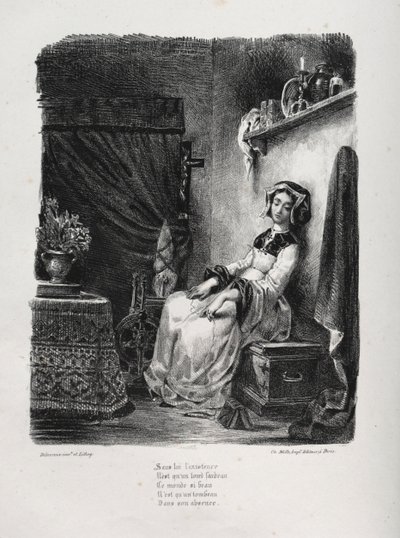 Illustraties voor Faust: Marguerite met het wiel door Eugène Delacroix