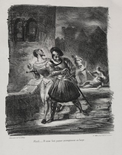 Illustraties voor Faust: Mefistofeles en Faust vluchten na het duel door Eugène Delacroix