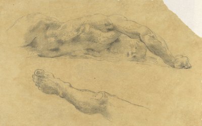 Liggende naakte man; zijn been nog eens afzonderlijk door Eugène Delacroix
