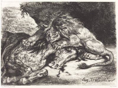 Leeuw die een paard verslindt door Eugène Delacroix