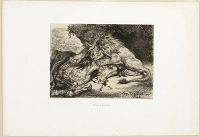 Leeuw die een paard verslindt door Eugène Delacroix