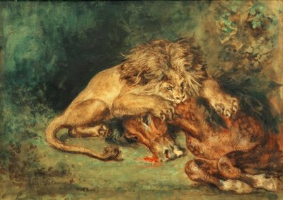 Leeuw, een paard verscheurend door Ferdinand Victor Eugene Delacroix