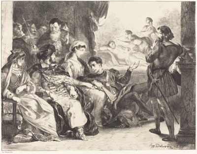 Spelers die het vergiftigen van Hamlets vader uitbeelden Act III, Scène II, 1835 door Eugène Delacroix