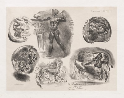 Blad met Zes Antieke Munten door Eugène Delacroix