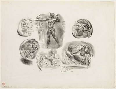 Blad met zes antieke medailles door Eugène Delacroix