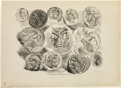 Blad met twaalf antieke medailles door Eugène Delacroix