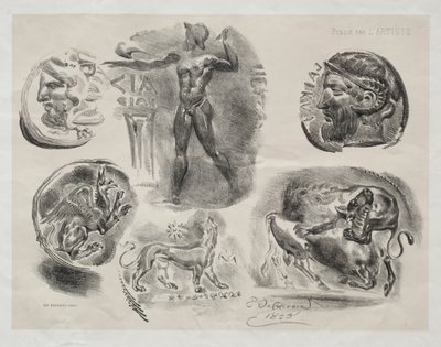 Blad met zes antieke medailles door Eugène Delacroix
