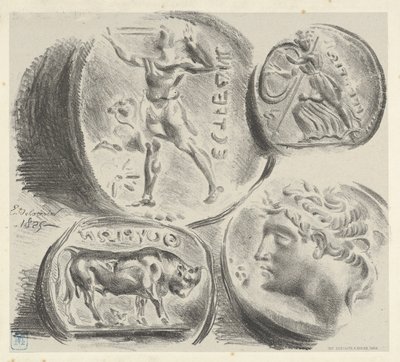 Studies van vier Griekse munten door Eugène Delacroix