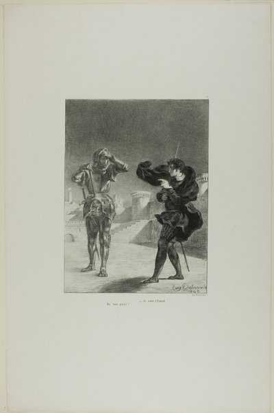 De geest op het perron, plaat 3 uit Hamlet door Eugène Delacroix