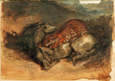 Tijger valt een paard aan door Ferdinand Victor Eugene Delacroix