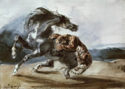 Tijger die een wild paard aanvalt door Ferdinand Victor Eugene Delacroix