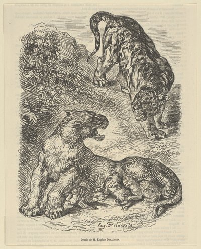 Tijgerin Aangevallen door een Tijger Terwijl ze haar Jong Zoogt door Eugène Delacroix
