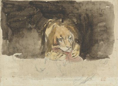 Vleesetende leeuw, van voren gezien, uitkomende tegen een donker fond door Eugène Delacroix