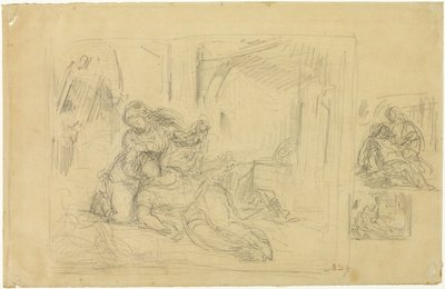 Stervende vrouw (?), Man in slaapkamer, Twee schetsen van hetzelfde door Eugène Delacroix
