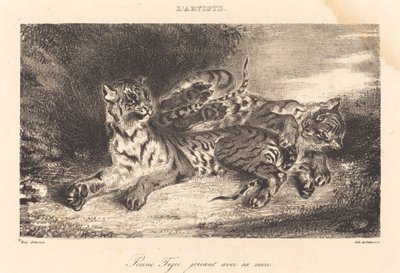 Jonge tijger speelt met zijn moeder door Eugène Delacroix
