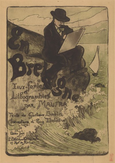 Portret van Maxime Maufra tekenend op een rots door Eugène Delâtre