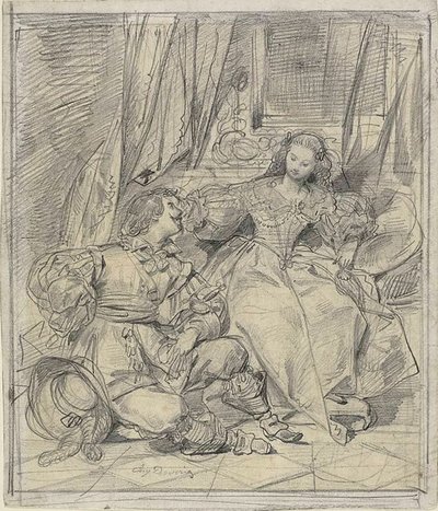 Dame en ridder door Eugène François Marie Joseph Devéria