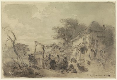 Gezelschap op terras voor herberg langs een weg door Eugène François de Block