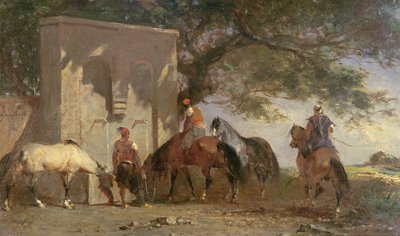 Arabieren die hun paarden drenken, c.1865-75 door Eugène Fromentin