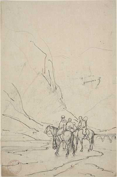 Mannen te paard naast rivier door Eugène Fromentin