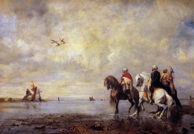 De reigerjacht Arabische ruiters jagen op reigers door Eugène Fromentin