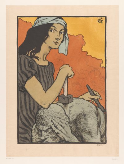 Beeldhouwster werkt met beitel en hamer aan een sculptuur door Eugène Grasset (signed by artist)